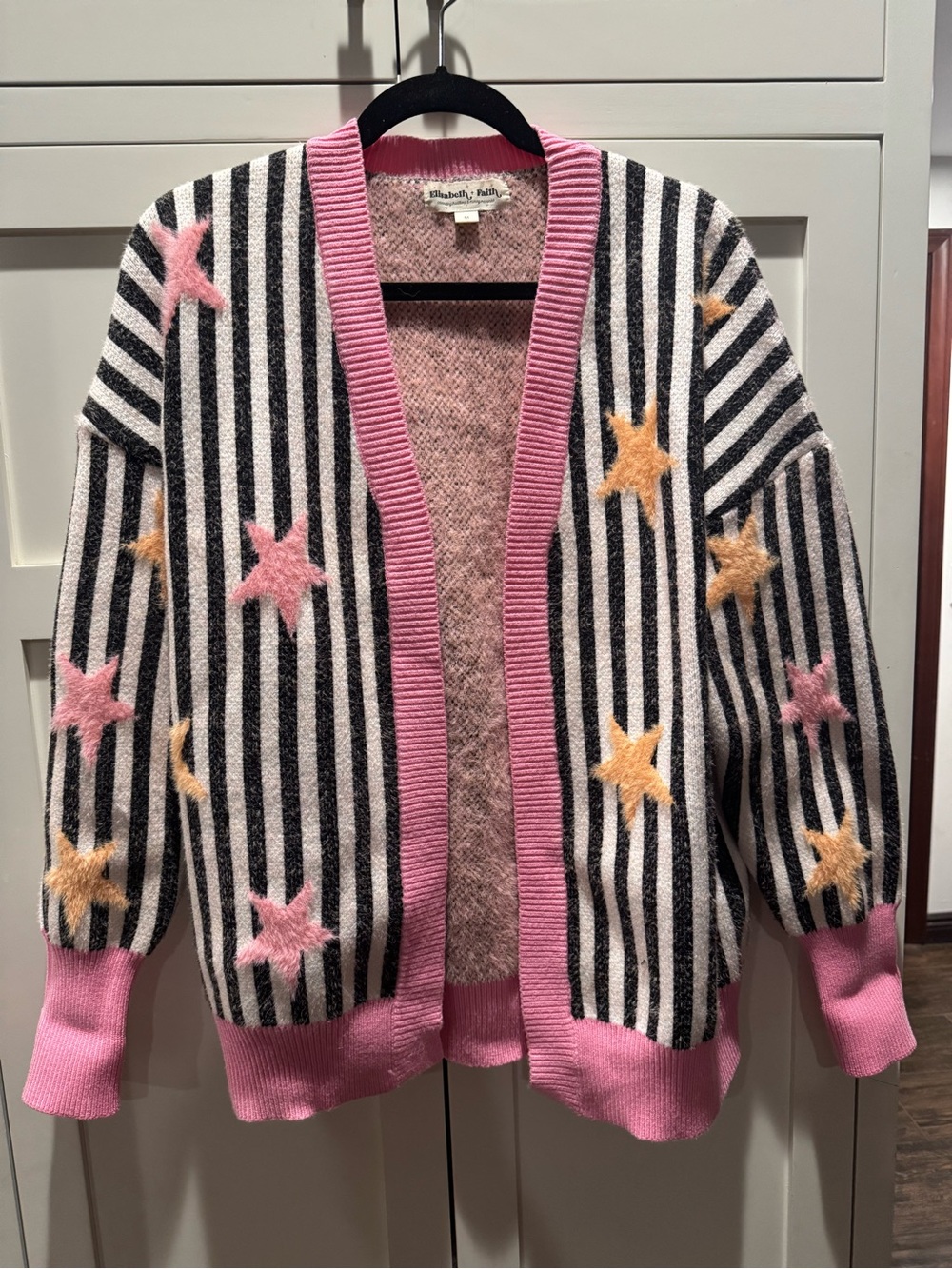 Elisabeth and Faith Striped Star Patch Women’s Cardigan Jacket - Pink Trim